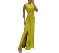 Women's Summer Round Neck Solid Colour Pleated Split Casual Dresses Sleeveless Fashion Dresses Evening Dresses Women Yellow Green