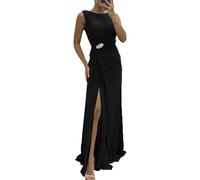 Women's Summer Round Neck Solid Colour Pleated Split Casual Dresses Sleeveless Fashion Dresses Evening Dresses Women Black