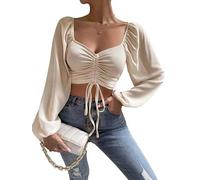 Women's Summer Ruched Sweetheart Neck Mesh Lantern Sleeves Crop Top Party Sexy Open Back Drawstring Front Blouse (Beige,XL)