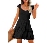 Women's Summer Ruffle Dresses Elastic Empire Waist A-line Layered Swing Flowy Mini Dress (Black, S)