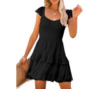 Women's Summer Ruffle Dresses Elastic Empire Waist A-line Layered Swing Flowy Mini Dress (Black, XL)