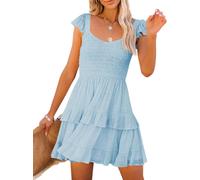 Women's Summer Ruffle Dresses Elastic Empire Waist A-line Layered Swing Flowy Mini Dress (blue, M)