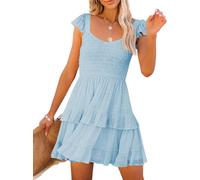 Women's Summer Ruffle Dresses Elastic Empire Waist A-line Layered Swing Flowy Mini Dress (blue, XL)