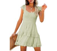 Women's Summer Ruffle Dresses Elastic Empire Waist A-line Layered Swing Flowy Mini Dress (lightgreen, L)