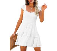 Women's Summer Ruffle Dresses Elastic Empire Waist A-line Layered Swing Flowy Mini Dress (white, L)