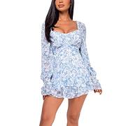 Women's Summer Ruffle Long Sleeve Tie Back Romper Dress Square Neck A-Line Floral Print Layer Dressy Short Jumpsuits (Sky Blue, L)