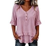 Women's Summer Ruffle Sleeve Tunic Tops V Neck Henley Blouse Pink XXL