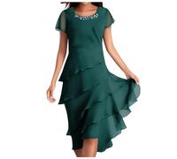 Womens Summer Ruffle Tiered Smocked Layered Flowy Chiffon Work Dress Over 50 Wedding Guest Dresses for Women UK Ladies Elegant Round Neck Short Sleeve Cocktail Patry Mum of the Bride Dress