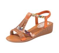 Women's Summer Sandals - Flat Bohemia Sandals with Rhinestone Beads Leisure Beach Sandals Orthopaedic Elastic Braided Straps Mules Lightweight Platform Summer Sandals Elegant Casual Shoes, orange, 4