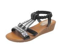 Women's Summer Sandals - Flat Bohemia Sandals with Rhinestone Beads Leisure Beach Sandals Orthopaedic Elastic Braided Straps Mules Lightweight Platform Summer Sandals Elegant Casual Shoes, khaki, 7 UK