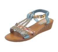 Women's Summer Sandals - Flat Bohemia Sandals with Rhinestone Beads Leisure Beach Sandals Orthopaedic Elastic Braided Straps Mules Lightweight Platform Summer Sandals Elegant Casual Shoes, sky blue, 2