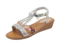 Women's Summer Sandals - Flat Bohemia Sandals with Rhinestone Beads Leisure Beach Sandals Orthopaedic Elastic Braided Straps Mules Lightweight Platform Summer Sandals Elegant Casual Shoes, lightgrey