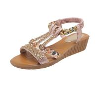 Women's Summer Sandals - Flat Bohemia Sandals with Rhinestone Beads Leisure Beach Sandals Orthopaedic Elastic Braided Straps Mules Lightweight Platform Summer Sandals Elegant Casual Shoes, pink, 9 UK