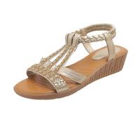 Women's Summer Sandals - Flat Bohemia Sandals with Rhinestone Beads Leisure Beach Sandals Orthopaedic Elastic Braided Straps Mules Lightweight Platform Summer Sandals Elegant Casual Shoes, gold, 2/2.5