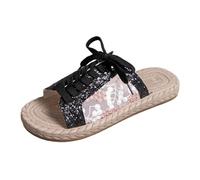 Women's Summer Sandals Sandals Open Toe Flat Sandals with Laces Sequins Mesh Transparent Embroidered Floral Flat Sole Rope Look Braided Edge Beach Casual Outing, 01 Black, 7 UK