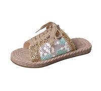 Women's Summer Sandals Sandals Open Toe Flat Sandals with Laces Sequins Mesh Transparent Embroidered Floral Flat Sole Rope Look Braided Edge Beach Casual Outing, 01 gold, 6 UK