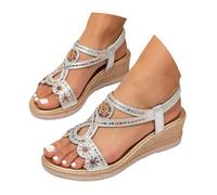 Women's Summer Sandals with Wedge Thick Sole with Rhinestones Model Slip on Bohemian Style, Casual Versatile Sandals for Women Comfortable Suitable for Ceremony Holidays Beach and Leisure