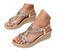 Women's Summer Sandals with Wedge Thick Sole with Rhinestones Model Slip on Bohemian Style, Casual Versatile Sandals for Women Comfortable Suitable for Ceremony Holidays Beach and Leisure