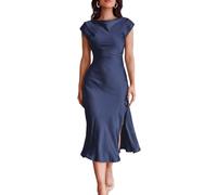 Women's Summer Satin Elegance Backless Twist Cap Sleeves Midi Dress 2023 Sexy Cowl Neck Slit Cocktail Wedding Guest Dresses, Navyblue, L