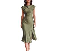 Women's Summer Satin Elegance Backless Twist Cap Sleeves Midi Dress 2023 Sexy Cowl Neck Slit Cocktail Wedding Guest Dresses, Oliver, XS