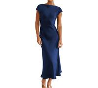 Women's Summer Satin Elegance Backless Twist Cap Sleeves Midi Dress 2023 Sexy Cowl Neck Slit Cocktail Wedding Guest Dresses, Navyblue, L