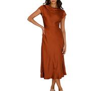 Women's Summer Satin Elegance Backless Twist Cap Sleeves Midi Dress 2025 Sexy Cowl Neck Slit Cocktail Wedding Guest Dresses, Brown, XL