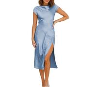Women's Summer Satin Elegance Backless Twist Cap Sleeves Midi Dress 2025 Sexy Cowl Neck Slit Cocktail Wedding Guest Dresses, Blue, L