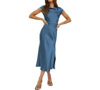 Women's Summer Satin Elegance Backless Twist Cap Sleeves Midi Dress 2025 Sexy Cowl Neck Slit Cocktail Wedding Guest Dresses, Aqua, L