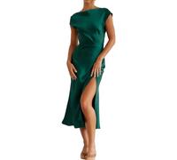 Women's Summer Satin Elegance Backless Twist Cap Sleeves Midi Dress 2025 Sexy Cowl Neck Slit Cocktail Wedding Guest Dresses, Dark Green, M