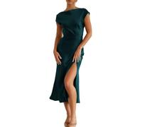 Women's Summer Satin Elegance Backless Twist Cap Sleeves Midi Dress 2025 Sexy Cowl Neck Slit Cocktail Wedding Guest Dresses, Emerald, L
