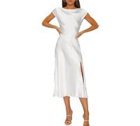 Women's Summer Satin Elegance Backless Twist Cap Sleeves Midi Dress 2025 Sexy Cowl Neck Slit Cocktail Wedding Guest Dresses, White, XL