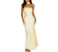 Women's Summer Satin Strapless Tube Top Maxi Dress Elegant Silk Backless Halter Neck Formal Party Dresses Wedding Guest, Yellow, S