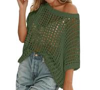 Womens Summer Scoop Neck Short Sleeve Sweater Casual Crochet Hollow Out Knit Tops Pullover Shirts Beach Coverup 2025 Ladies Tops