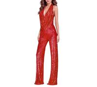 Womens Summer Sequin Jumpsuit Formal Sparkly Sleeveless Halterneck Playsuit Black V Neck Low Cut Sexy Full Body Elegant Tight Backless Rompers Onesie for Cocktail Occasion Evening