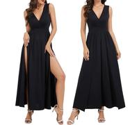 Women's Summer Sexy Double High Slit Deep V Neck Plus Size Dresses Thigh Split Renaissance Dresses Halloween, Black, XL