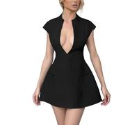Women's Summer Sexy Mini Dress - Elegant Cap Sleeve Deep V Neck Zipper A-line Night Out/Club Party Dress, Black, S