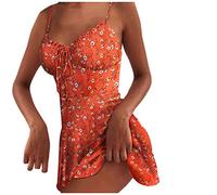 Women's Summer Sexy Slim Fit Beach Dress Sleeveless Spaghetti Straps Corset Dress with Strappy Short A-line Hem Flower Dress Fashion Casual Dress Mini Dress Party Dress Wrap Dress, orange, S