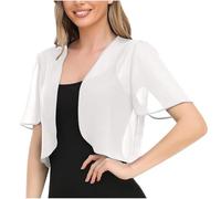 Women's Summer Shawl Cardigan Open Front Short Sleeves Chiffon Cardigans Elegant Dress Cover Up Lightweight Summer Sheer Shrug Top Solid Color Cropped Bolero Cardigan for Evening Dress White