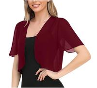 Women's Summer Shawl Cardigan Open Front Short Sleeves Chiffon Cardigans Elegant Dress Cover Up Lightweight Summer Sheer Shrug Top Solid Color Cropped Bolero Cardigan for Evening Dress Wine