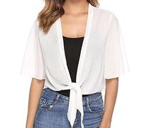 Women's Summer Shawl Cardigan Open Front Solid Short Sleeve Chiffon Cardigans Elegant Dress Cover Up Lightweight Summer Sheer Shrug Top Plain Cropped Cape Bolero Cardigan for Evening Dress White