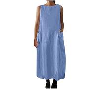 Womens Summer Shift Dresses Cotton Linen Maxi Dress with Pocket Sleeveless Vest Dress Casual Loose Tunic Dress Vintage Long Dresses Baggy Holiday Beach Party Dress Light Blue