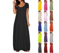 Womens Summer Shift Dresses Short Sleeve Loose Plain Maxi Long Dresses Oversized Crew Neck Tunic Dress Casual Daily Beach Holiday Dress Wine XL