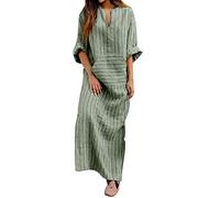 Womens Summer Shift Dresses UK Cotton Linen Maxi Dress with Pocket Ethnic Striped Tunic Dress V Neck Roll Up Long Sleeve Casual Dress Vintage Plus Size Long Dresses Baggy Holiday Beach Party Dress