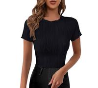 Womens Summer Shirts Women’s Blouses Casual Cap Sleeves Front Pleated Round Neck Keyhole Back Chiffon Dressy Top Sparkly Tops for Women UK Plus Size Basic (Black, XL)