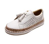 Women's Summer Shoes 2026 Fringe Hollowed Round Toe Flat Slip-On Shoes Women's Sneakers Elegant Casual White Leather Shoes, White, 6 UK