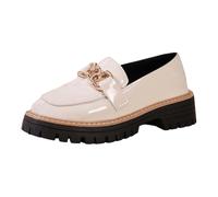 Women's Summer Shoes Comfortable 2026 Elegant Slippers with Vinyl Trim, Thick Sole, Metal Chain Detail and Flat Profile Spring Lightweight Fabric Shoes, White, 6 UK