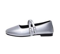 Women's Summer Shoes Comfortable 2026 Shiny Flat Slippers with Square Toe Flat Opening Breathable Lightweight Elegant Comfort Lightweight Leather Shoes, silver, 4 UK