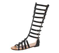 Women's Summer Shoes, Roman Sandals, Women's Knee-High Gold Flat Sandals, Comfortable Trekking Sandals, Knee-High with Heel, Sandals, Flat Black Gladiator Shoes, Leisure Sandals, black, 9 UK
