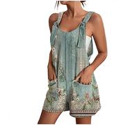 Women's Summer Short Jumpsuits 2024 Casual Loose Fit Bib Overalls Printed Sleeveless O Neck Rompers Baggy Short Playsuits One Piece Stretchy Jumpsuit Beach Boho Holiday Short Dungarees with 2 Pockets