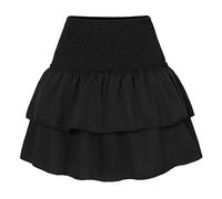 Women's Summer Short Skirt Double Ruffle Ruched Short Skirt High Waist Tiered Mini Skirt A-line Elastic Waist Skirt Layered Solid Cute Skirt Casual Holiday Beach (Black, S)